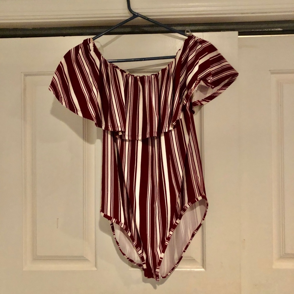 Burgundy & White off-the-shoulder bodysuit
